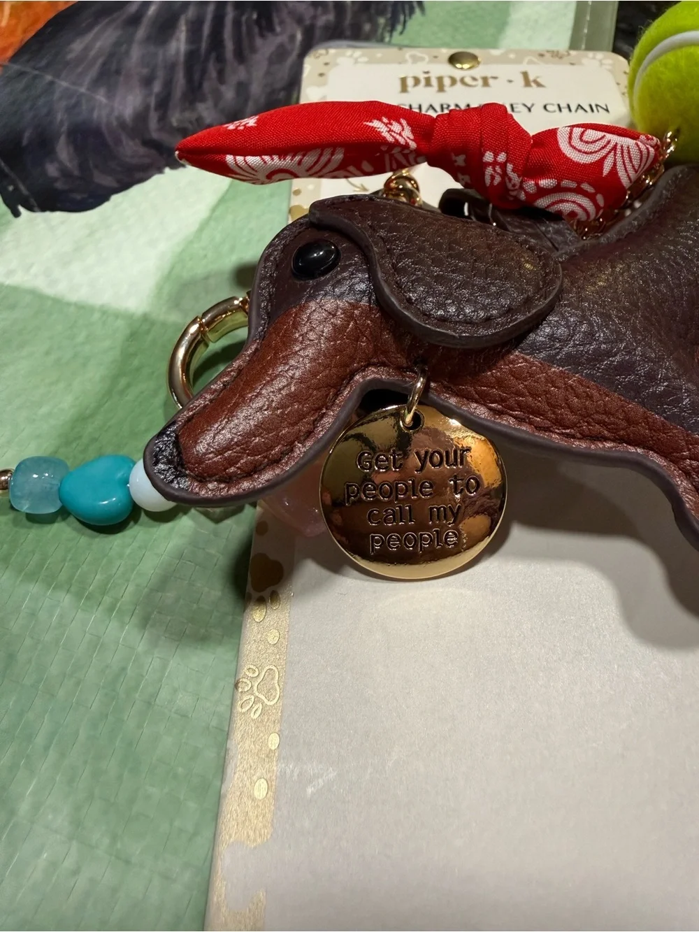 Piper Brown Leather Dachshund Bag Charm key with Red Bandana Accent Free Bag NEW